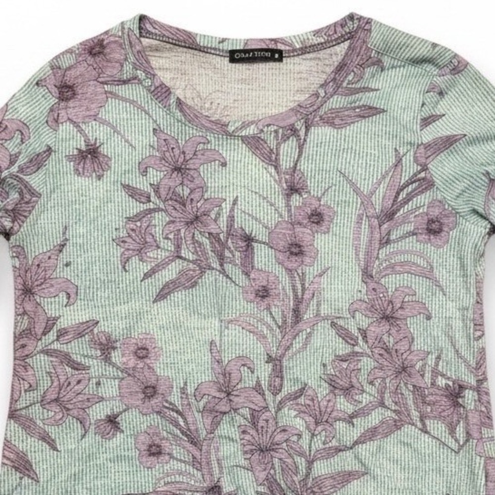 David Cline Women's Medium‎ Floral Print Long Sleeve Knit Top Mint Purple Ruched
